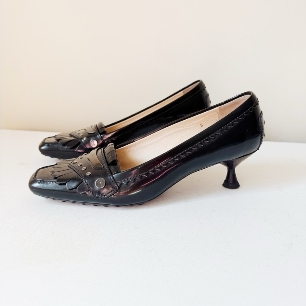 Tod's Patent Black Leather Driving Kitten Heel Pumps